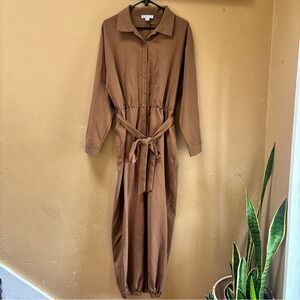 Hyfve Brown Utility Long Sleeve Jumpsuit Button Front Belted Jogger Large
